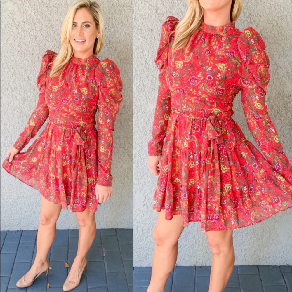 Red Floral Print Mock Neck Mini Dress